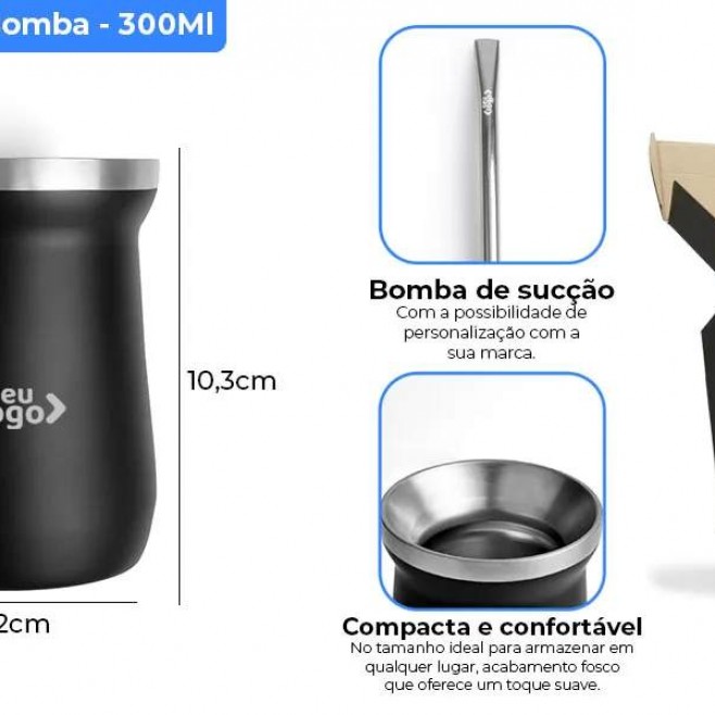 Cuia Térmica Em Aço Inox Com Bomba 300ml Personalizada 