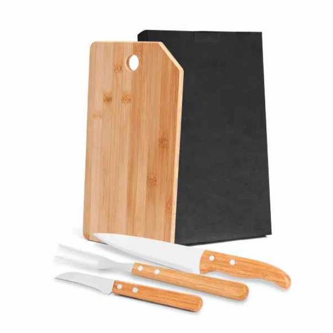 Kit Cozinha em Bambu com Facas e Garfo Personalizado