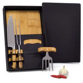 Kit para Churrasco em Bambu com Garfo 4 Dentes com Logo