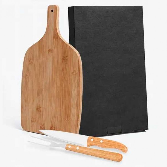 Kit para Cozinha em Bambu com Tábua e Facas com Logo