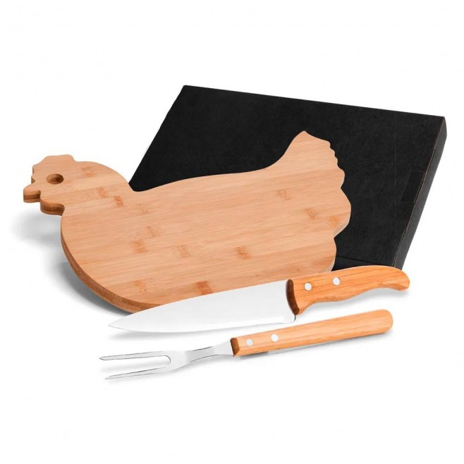 Kit para Cozinha em Bambu com Tábua Formato Galinha para Brindes