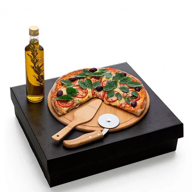 Kit para Pizza com Garrafa - Bambu / Inox / Vidro para Brindes